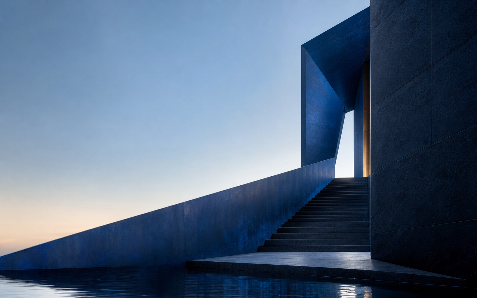 Monumental cobalt architecture rising toward daylight