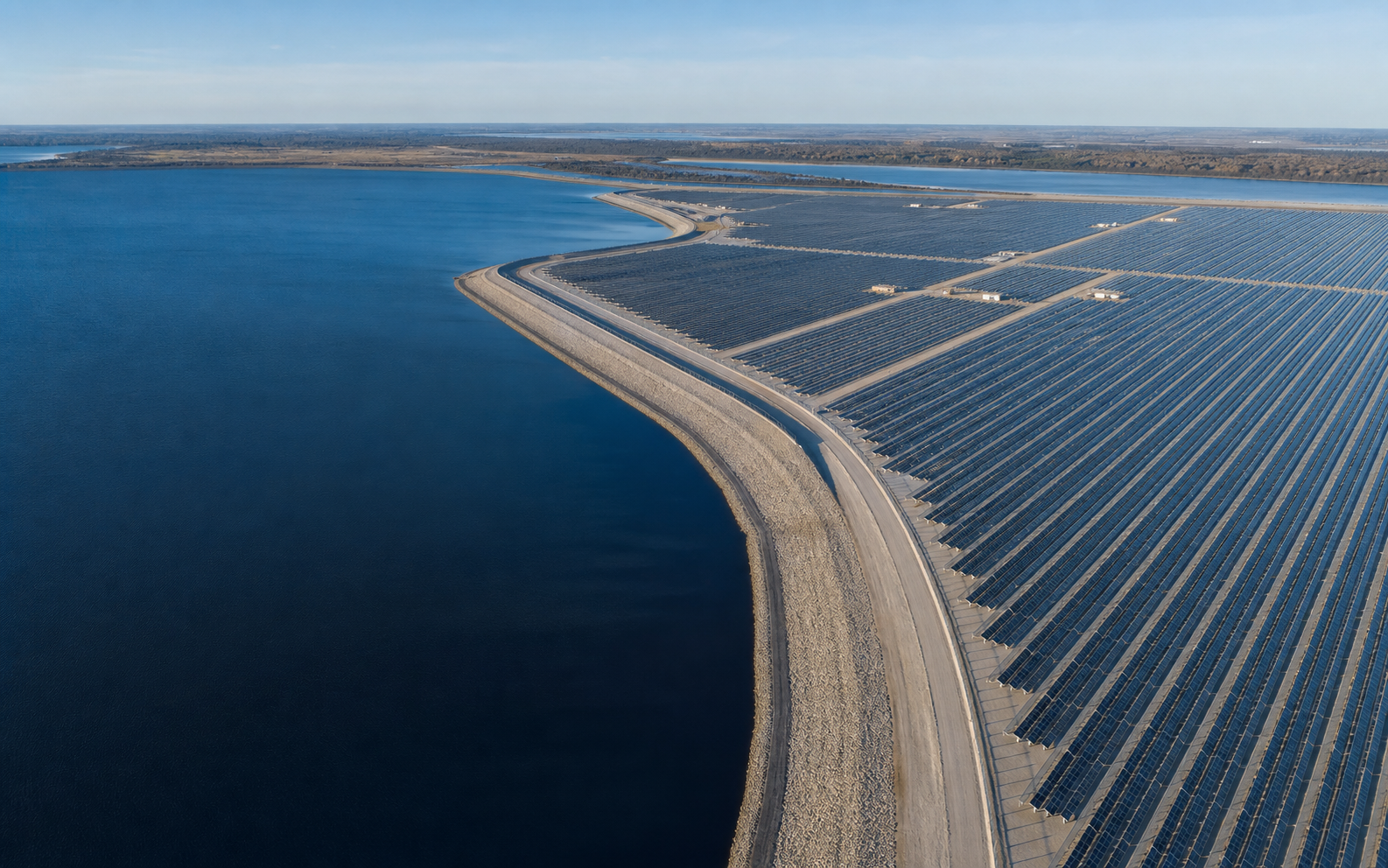 Aerial view of a solar energy landscape beside deep blue water